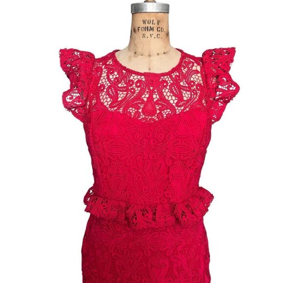 GRACIA Elegant Red Lace Dress with Flutter Sleeves Size M - Picture 6 of 6